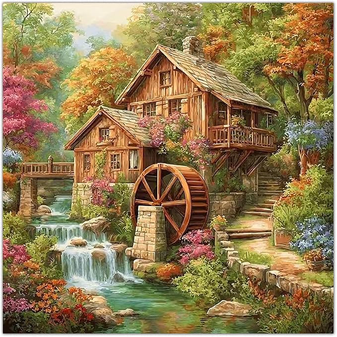 Gemozaic Rustic Cabin Paint by Numbers Kit for Adults, 16 x 16 in, Unframed | Retro Wooden House Adult's Paint by Number, Farmhouse DIY Acrylic Numbers Painting, Color by Number for Home Wall Decor, Gift