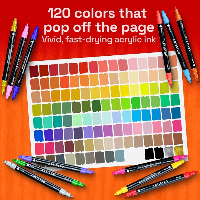 ARTISTRO Dual-Tip Acrylic Paint Marker Pens - Set of 120 | For Fabric, Rock, Glass, Wood, & Coloring Books, Arts & Crafts Gift, Classroom Must Haves & School Supplies (Dot & Fine Tips)