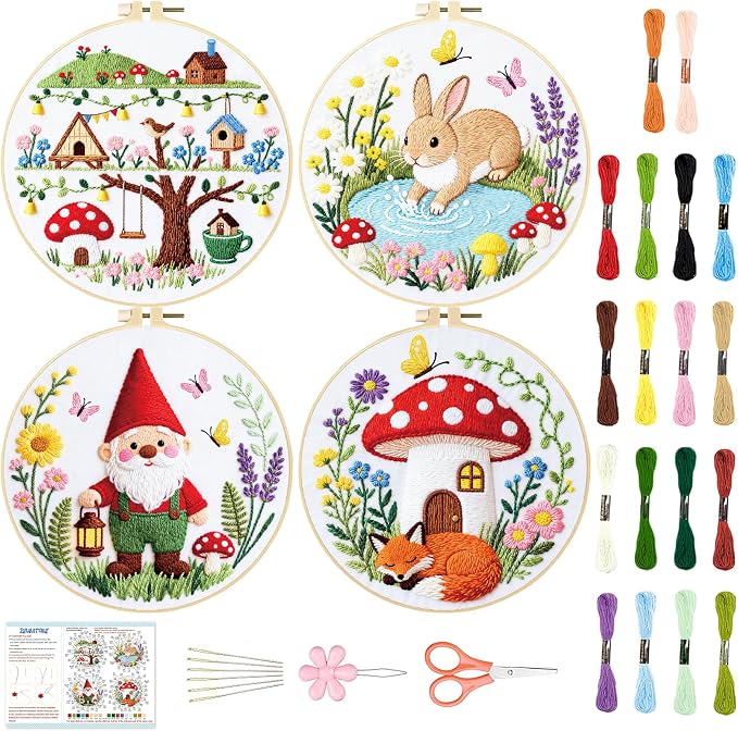 BEUNITONE 4 Set Embroidery Kit for Beginners, Fairy Tale Pattern Cross Stitch Kits, Needlepoint Kits for Adults with Instructions and Full Kit, Funny Hand Embroidery Patterns for Cloth and Home Decor