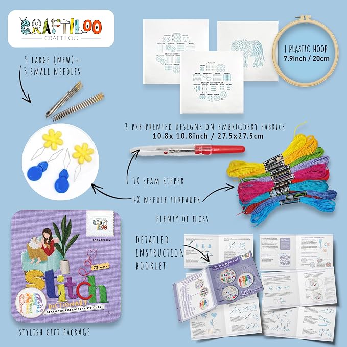 Elephant Embroidery Kit for Beginners - Stamped Cross Stitch, Adults