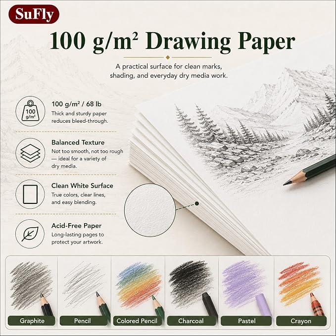 SuFly Sketch Book 9x12, 100-Sheet Drawing Paper Pad, 68lb/100gsm, Acid-Free | Top Spiral Sketchbook, Sketch Pads for Drawing, Art Supplies for Kids & Adults, Art Class Gift for Beginners, Artists & Teens