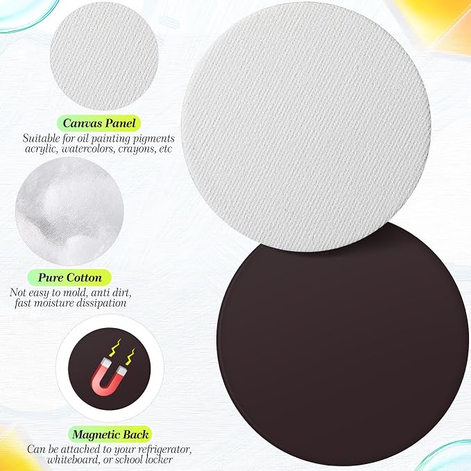 Nezyo 75 Pieces Magnetic Painting Canvas Panel Mini Canvas Boards Mini Canvases Tile Art for Painting Magnetic Fridge Locker Art Paints Crafts DIY Kit(Round,2.5 Inch)