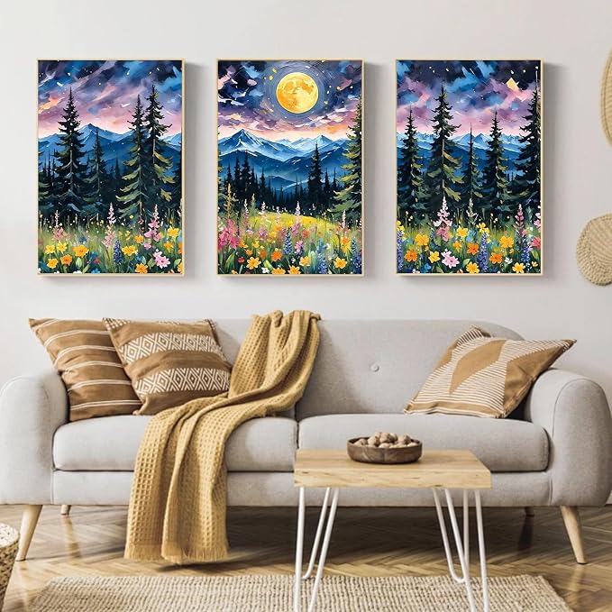 Mandun Landscape Paint by Numbers Kit for Adults, 3 Pack, 7.8x11.8 inch | DIY Painting Kits Crafts for Adults, Relieve Stress, Frame Canvas, Wooden Easel, Gift Box, Home Wall Decor
