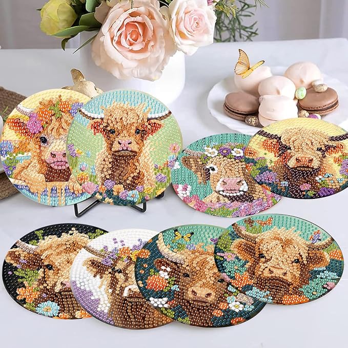 mrpwnle 8 Pack Highland Cow Diamond Art Coasters Kits for Adults Beginners