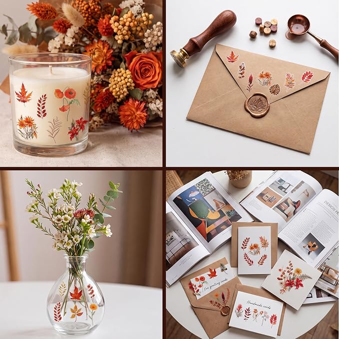 80 Pcs Fall Stickers Natural Autumn Scrapbooking Stickers Transparent Flower Sticker Pack for Scrapbooking Supplies Water Bottles Laptop Journals Phone Cases Notebooks DIY Decor