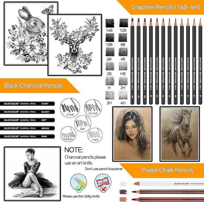 MARTCOLOR Drawing Sketching Pencils Set, 34 Pieces Graphite Pencil (14B-4H) | Pro Art Pencil Kit with Charcoal Pencils, Charcoal Sticks, Artist Pencils for Beginners & Pro Artists
