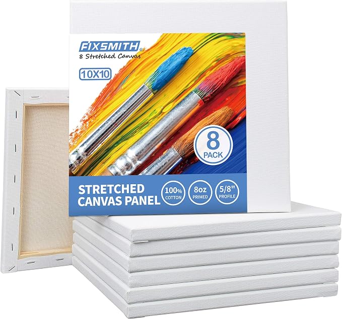 FIXSMITH Stretched White Blank Canvas - 10 x10 Inch, Bulk Pack of 8, Primed, 100% Cotton, 5/8 Inch Profile of Super Value Pack for Acrylics,Oils & Other Painting Media.