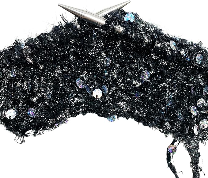Artisanal Yarn Collection Multifiber Fancy Yarn with Metallic Silver Bow and Laser Sequins for Knitting Crocheting Crafts DIY, Set of 3 Rolls (Black & Silver)