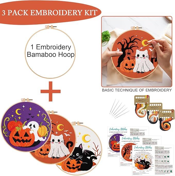 Nuberlic 3 Pack Halloween Embroidery Kit for Beginner Adults