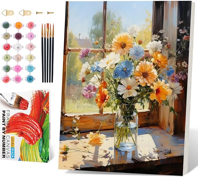 PRASIO Framed Paint by Numbers Kit for Adults Beginner, Flowers Adult Paint by Number Kits on Canvas Framed, DIY Acrylic Watercolor Oil Paint by Numbers with Frame for Gift Home Decor 16x20 Inch