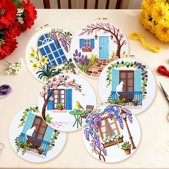BEUNITONE 6 Set Flowers Embroidery Kit for Beginners Vintage Garden Scene Pre-Stamped Pattern, Needlepoint Kits for Adults Beginners, DIY Handmade Embroidery for Home Decor and Gifts 20x20cm