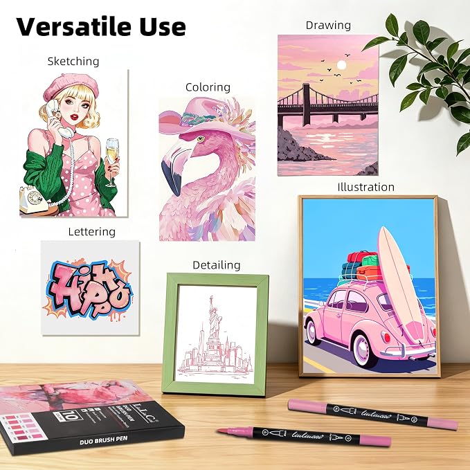 LIULIUCAI 10 Pink Dual Markers, Fine & Brush Tip Pen for Adult Coloring