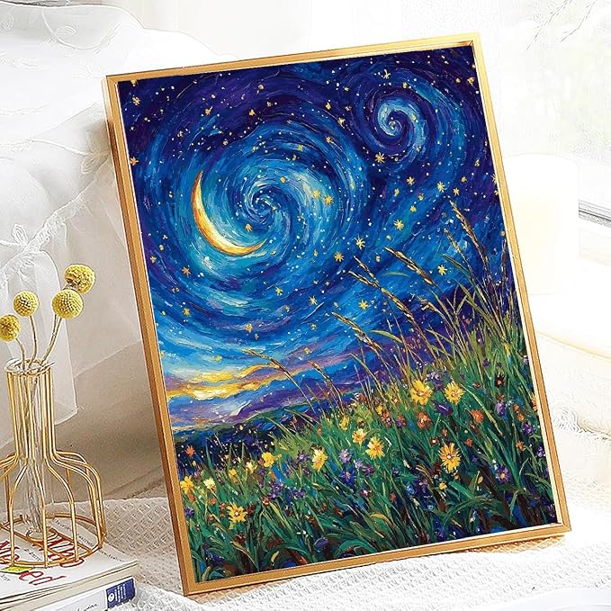 pchmcu DIY Starry Night Paint by Numbers Kits for Adults,Landscape Paint by Number for Adults Beginner Moon,Grassland Paint by Numbers Kits on Canvas Without Frame for Home Wall Decor 16x20inch