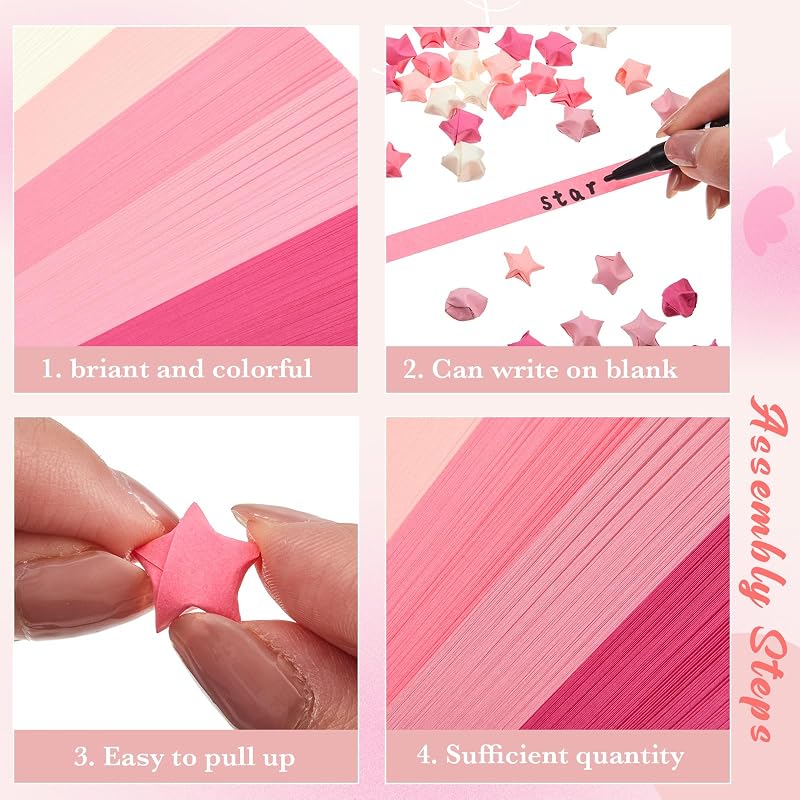 Kigeli 1000 Sheets Paper Strips Foil Star Glitter Origami Stars Shiny Origami Paper for DIY Crafts Weaving Projects (Pink,Solid Style)