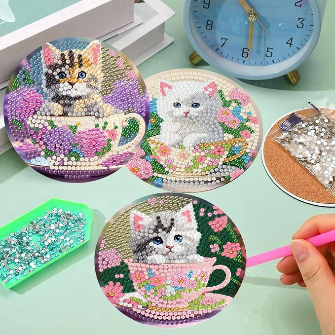 8 Pack Diamond Art Coasters Kits - Cute Cat Diamond Painting Coasters