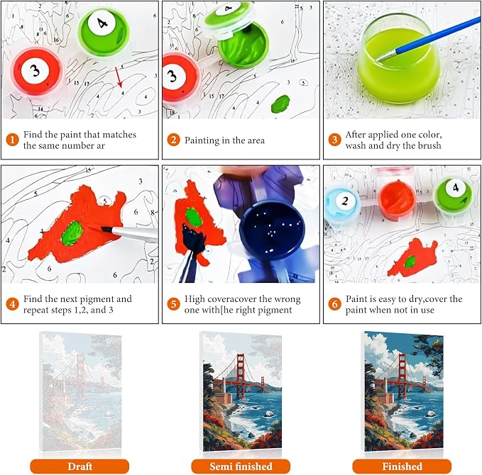 Paint by Numbers Kit for Adults Beginner 16x20 Inch, Golden Gate Bridge | DIY Acrylic Painting by Numbers San Francisco Scenery, Without Frame Canvas, Stress Relief Craft Kits, For Home Decor Gift