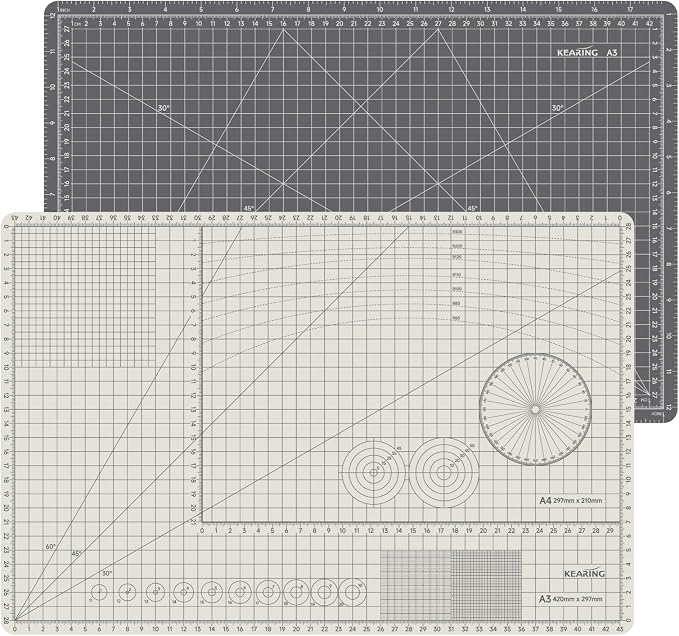 KEARING A3 Self Healing Cutting Mat 12x18 Inch, 3mm Thick Double-Sided High-Contrast Craft Mat with Grid, Premium 5-Ply PVC Construction, Beige and Charcoal Grey, for Sewing, Quilting, Crafts, 1 PCS