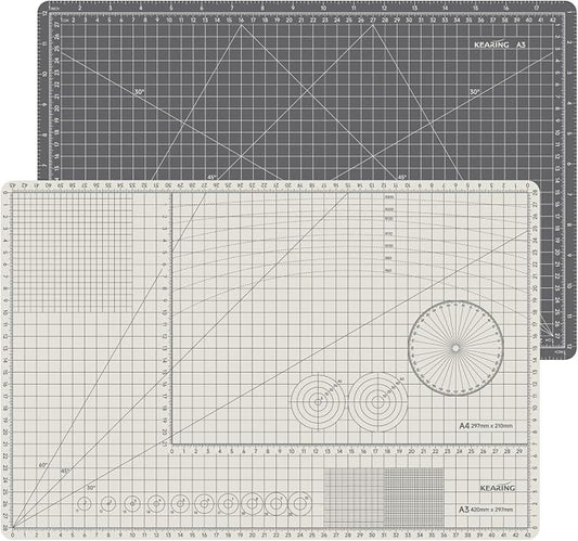 KEARING A3 Self Healing Cutting Mat 12x18 Inch, 3mm Thick Double-Sided High-Contrast Craft Mat with Grid, Premium 5-Ply PVC Construction, Beige and Charcoal Grey, for Sewing, Quilting, Crafts, 1 PCS