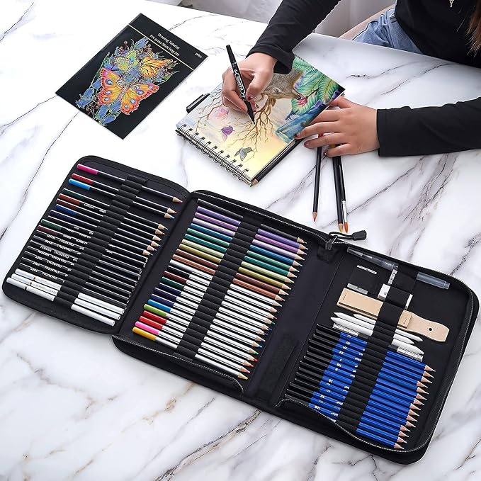 Prina 76 Pack Drawing Set Sketching Kit, Pro Art Supplies with 3-Color Sketchbook, Include Tutorial, Colored, Graphite, Charcoal, Watercolor & Metallic Pencil, for Artists Adults Teens Beginner