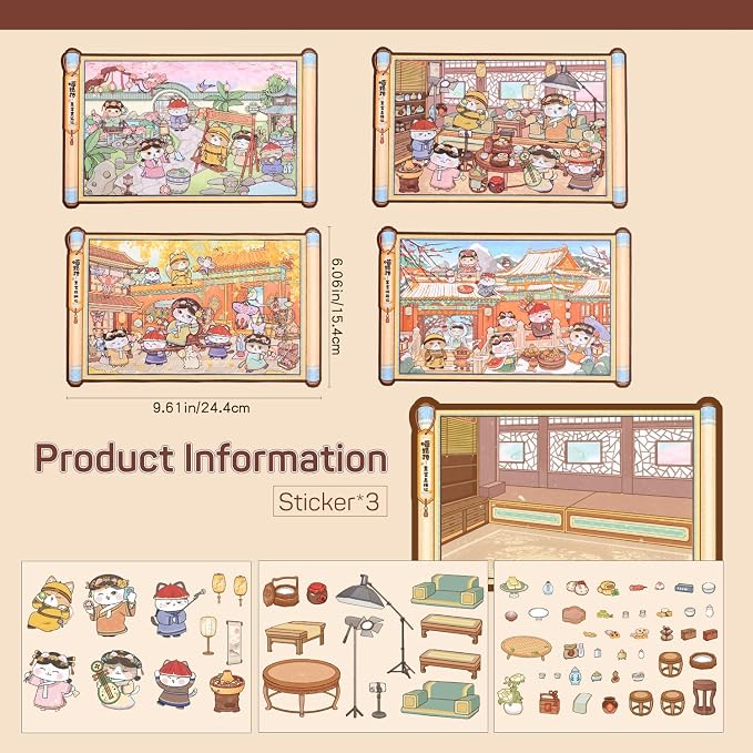 Girls 3D Miniature Scene Stickers,4 Sets Cat's Legend of Zhen Huan DIY House Stickers for A Visit to the Royal Palace,3D Sticker Scenes for Adult Kids Relief Stress Pass The Time