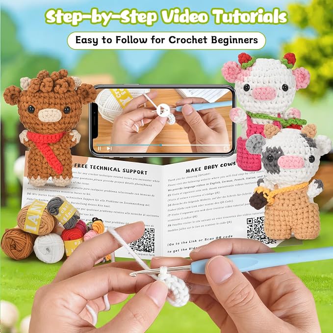 Zepiany Crochet Kit for Beginners 3 PCS Amigurumi Animal Cows Starter Kit Step-by-Step Video Tutorials DIY Craft Gifts for Adults Knitting Lovers Mother Teacher Graduates with 40% Extra Yarn