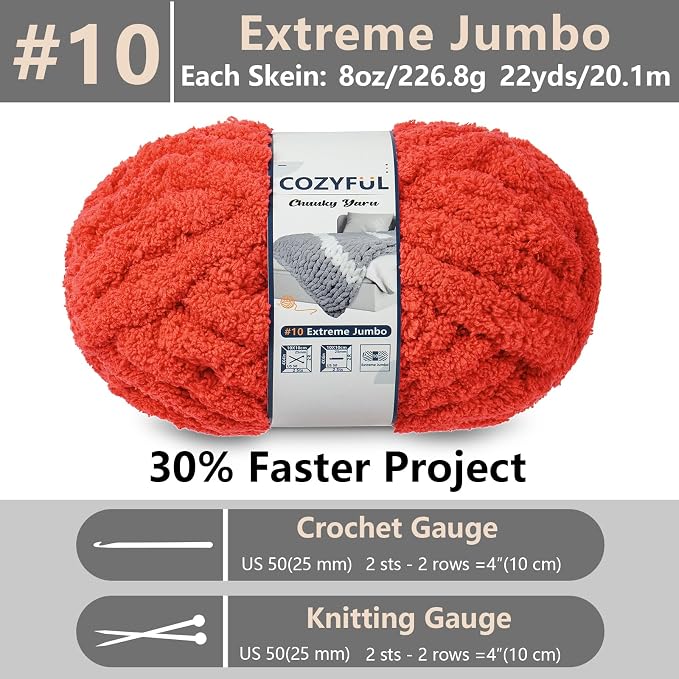 Cozyful Chunky Yarn for Hand Knitting - #10 Chunky Chenille Yarn, Jumbo Big Thick Chunky Yarns for Crocheting, Super Bulky Chunky Knit Blanket Yarns, 8 Skein (22 yds 8 oz Each Skein), Solar Orange