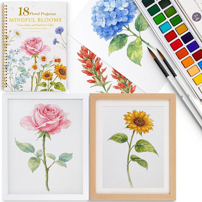 Watercolor Workbook for Beginners,18 Floral Water Coloring Book with 2 Frame,Relaxing & Easy to Paint Water Coloring Book with 24 Colors-Perfect for Gifting to Creativity & Joy for Adults