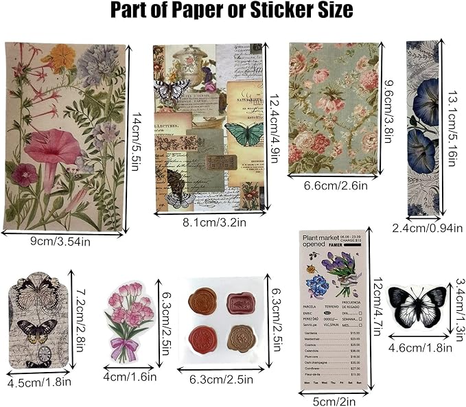 Esweny 260PCS Vintage Journaling Scrapbooking Supplies Scrapbook Sticker Paper Ephemera Pack for Junk Journal Planners Collage Craft Notebooks Album (Flowers and Butterflies)