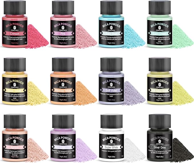 Mica Powder 12 Colors Pearlescent Pigment - for Resin Epoxy, Soap Making, Nail Polish, Lip Gloss, Eye Shadow, Bath Bomb, Slime & Candle - 10g Each Bottle(Pastel Hues)