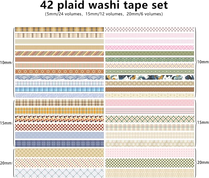 Washi Tape Set 42 Rolls Vintage Plaid Colored Decorative Scrapbook Tape