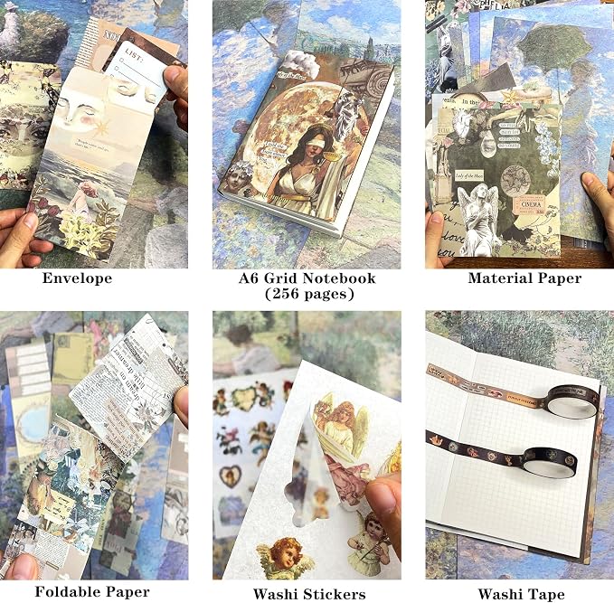 BoomTeck Vintage Aesthetic Scrapbooking Supplies, Bullet Junk Journal Kits with Scrapbook Paper, Washi Stickers, A6 Grid Notebook - DIY Craft Journaling Gift for Teen Girl Adult (Art Guide)