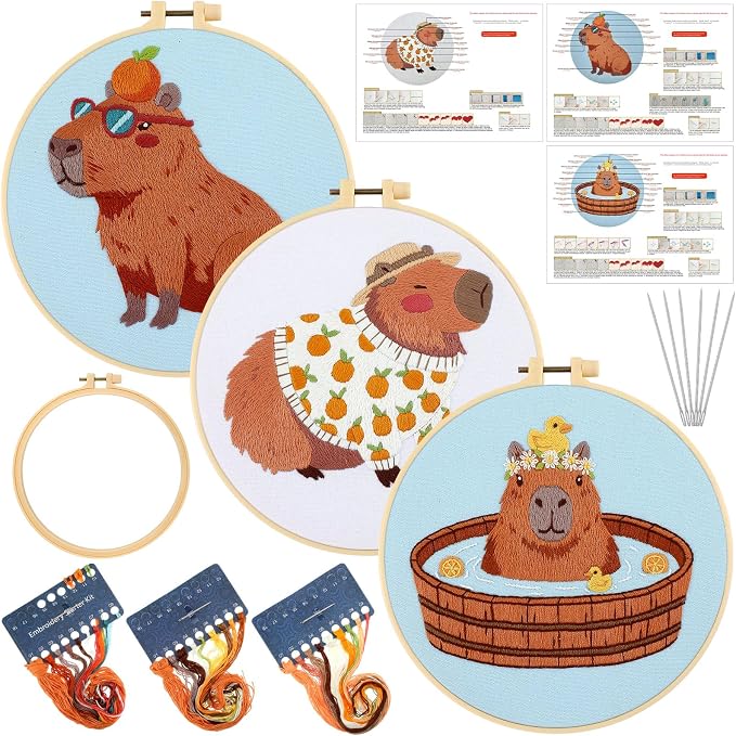 Mindsoft 3 Set Needlepoint Kit for Beginners with Hoop,Capybara | Bamboo Hoop Thread Needles Instructions, Easy Hand Embroidery for Beginners Home Crafts,Pre-stamped Funny Cute Designs