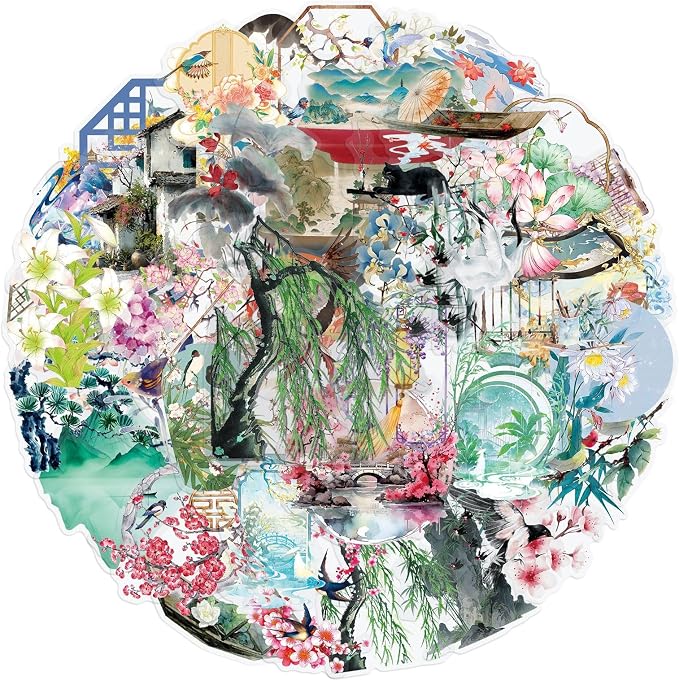 50PCS Ancient Chinese Style Stickers for Scrapbooking Journaling Junk Journal Scrapbook Supplies - Self-Adhesive Scrapbooking Stickers Supplies Journal Stuffers for Adult Card Making Letters DIY