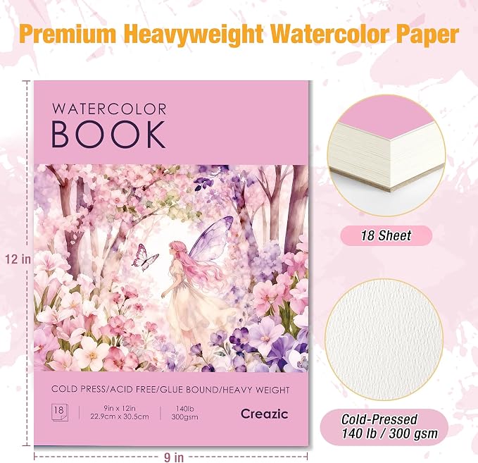 Creazic Watercolor Paper Book, 9"x12" Sketchbook, 18 Sheets 140lb/300gsm - No Bleed Art Paper for Watercolor, Acrylic Paint & Crayons - Gift Ideas for Adults & Students, Drawing Pad for Beginners