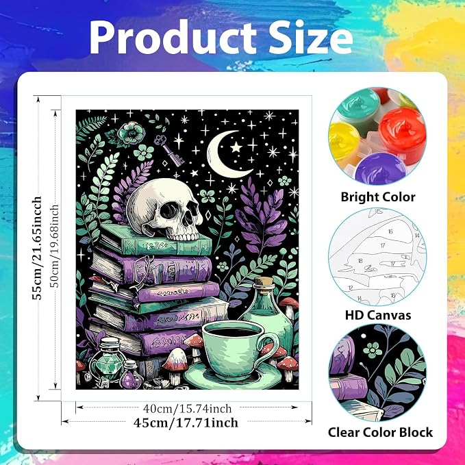 xcemhil Skeleton Paint by Numbers Kit for Adults Beginner, Skeleton Book Paint by Numbers for Adult, Acrylic Paint by Number Kits Suitable for Home Wall Art Decor Gifts 16x20 Inch