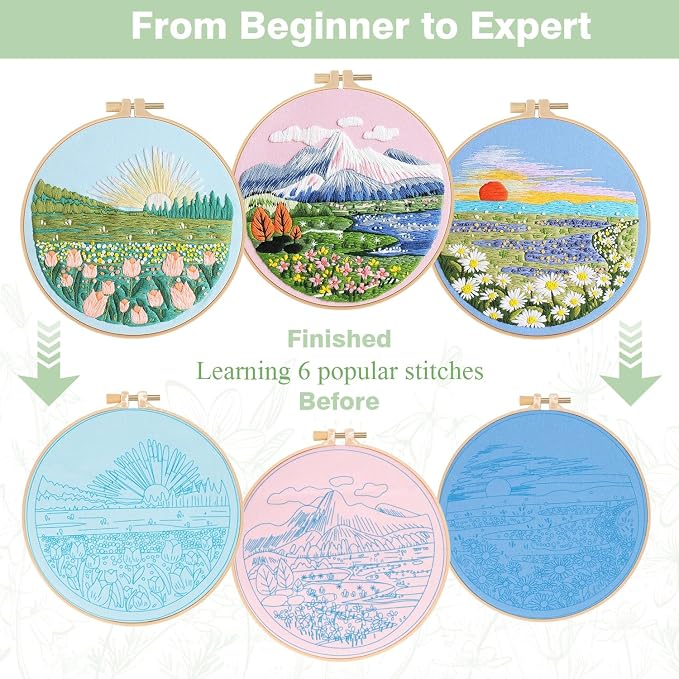 RidaaFri Embroidery Kit for Beginners, 3PC Floral Mount Sunshine Patterns | Stamped DIY Kits for Adults Starter, Hand Embroidery Practice Set with Step-by-Step Video Tutorial Include Hoop Needles Floss