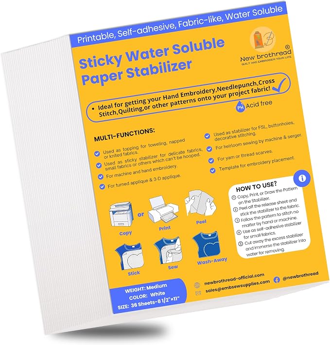 New brothread 36PCS 8.5"x11" Sticky Water Soluble Embroidery Stabilizer | Printable Paper Stabilizer, Medium Weight, Allowed for Print or Draw Patterns, Best for Hand & Machine Embroidery