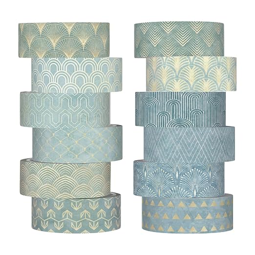 12 Rolls Floral Washi Tape Set,Teal Color,Art Deco | Watercolor Flowers Design for Scrapbook Journal DIY Craft School Supplies, 15 mm Vintage Decorative Masking Washi Tapes