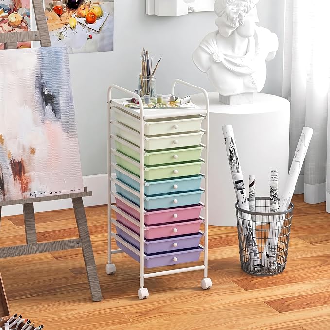GIANTEX 10 Drawer Storage Cart, Rolling Craft Cart w/Metal Tabletop