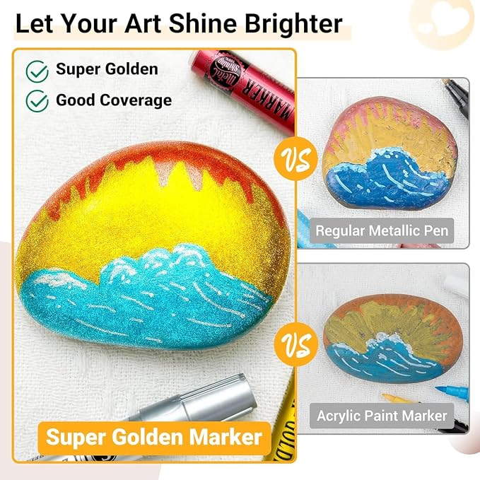 SAKEYR Super Golden Metallic Paint Markers, 12 Colors Sparkle Metallic Glitter Markers, Acrylic Paint Pens for Rock Painting, Glass, Wood, Fabric, Black Paper, Cards, Scrapbook, DIY Art Crafts (2-3mm)