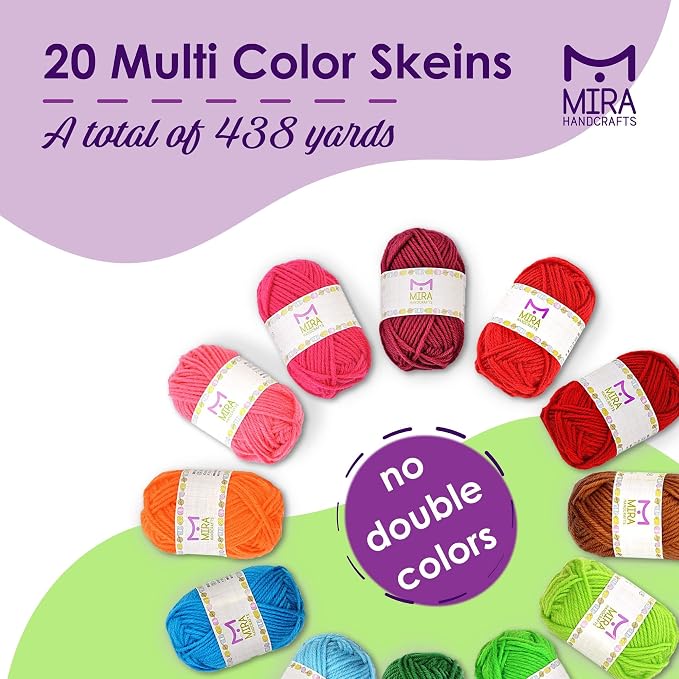 20 Acrylic Yarn Skeins - 438 Yards Multicolored Yarn in Total – Great Crochet and Knitting Starter Kit for Colorful Craft – Assorted Colors (Pack of 3)