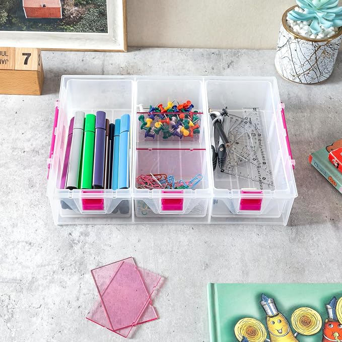 MyGift 11 Inch Clear Arts and Crafts Stackable Container, Sewing Supplies Storage Organizer Case with Pink Accents, 24 Customizable Compartments, and 6 Drawers with Removable Dividers