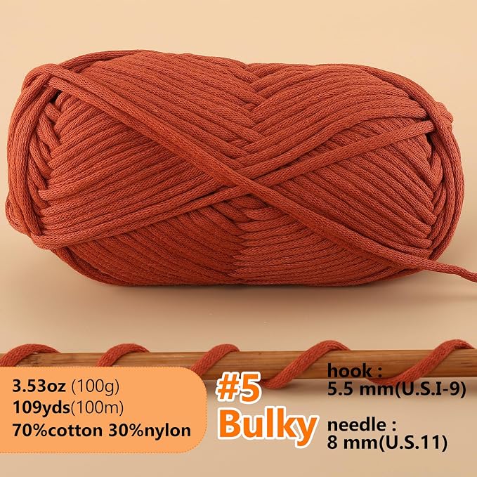 LUCKY BALL Yarn for Crocheting, 100g / 109 yd 70% Cotton 30% Nylon #5 Bulky Tube Yarn, Soft Crochet & Knitting Yarn for Bags, Hats, Socks, Sweaters, Blankets(Brown)
