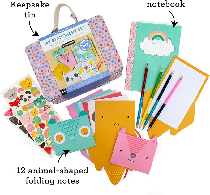 Petit Collage DIY Arts and Crafts Kit, Stationery Design – Craft Kit for Kids Includes 12 Animal Notecards, 1 Blank Journal, 2 Sticker Sheets, 4 Colored Double-Sided Pencils & Instructions