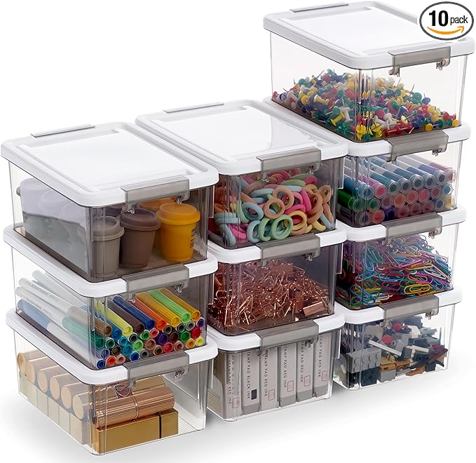 Citylife 10Packs 1.3Qt Small Storage Bins with Lids,Stackable Clear