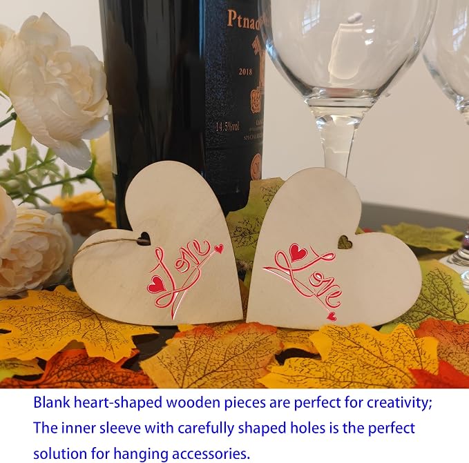 60PCS Unfinished Wood Heart Shape Cutouts with Sling Hole
