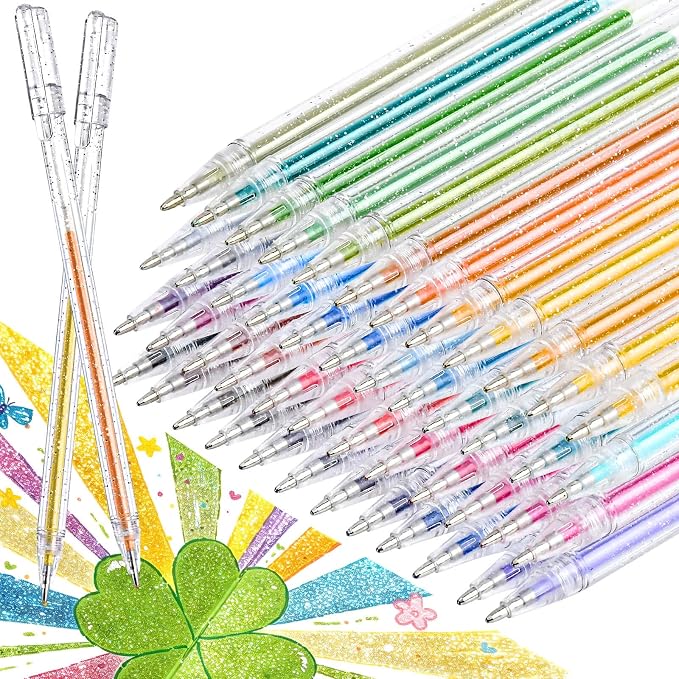 Glitter Gel Pens, 48 Colors Sparkle Gel Pens for Adult Coloring Books, Colorful Metallic Glitter Ink Pen Set, Colored Pen Markers with Shimmer Effect for Journaling, Writing Drawing Taking Office
