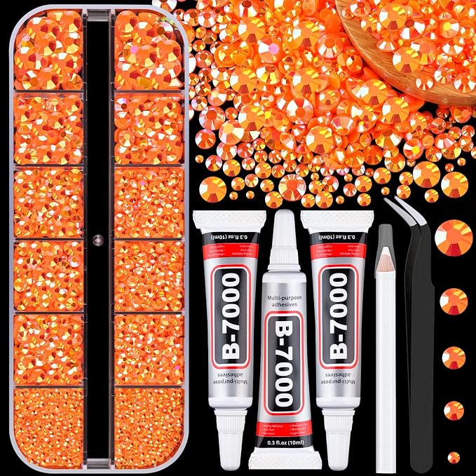 Resin Jelly Rhinestones for Crafting with B7000 Jewelry Glue, 1 Box Orange AB Flatback Crystal with 3Pcs 10ml Glue, Bedazzling Non Hotfix Gems for DIY Tumblers Clothing Shoes Manicure