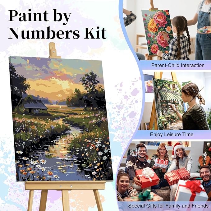 Paint by Numbers Kit for Adults, Sunset Cottage Number Painting Canvas Kit | DIY Acrylic Landscape Painting Set for Beginners, Stress Relief Relaxing Craft, Home Wall Decor, Gift for Adults, 16x20 Inch