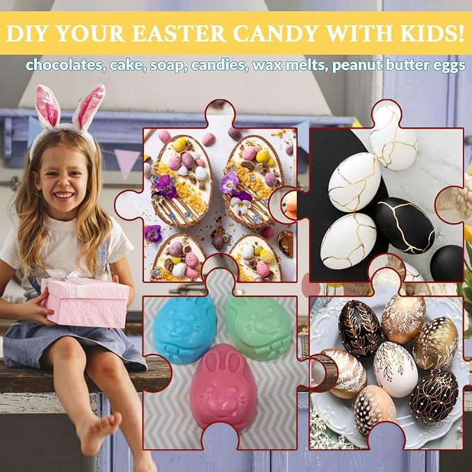 Egg Shape Silicone Molds 3.5 Inch, 2-Pack Chocolate Baking Holiday Easter Mould, Non-Stick BPA Free, Kid-Friendly Soap Mold Rabbit & Floral Designs, Blue & Pink